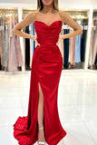 Simple sweetheart sleeveless mermaid satin prom dresses splitfront-misshow.com