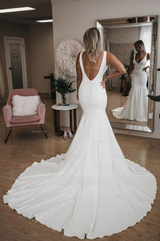 Simple V Neck Pretty Mermaid with Long Train Sexy Backless Beach Elegant Wedding Dresses Simple V Neck Pretty Mermaid with Long Train Sexy Backless Beach Elegant Wedding Dresses