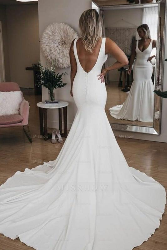 Simple V Neck Pretty Mermaid with Long Train Sexy Backless Beach Elegant Wedding Dresses Simple V Neck Pretty Mermaid with Long Train Sexy Backless Beach Elegant Wedding Dresses