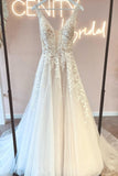 Simple v-neck sleeveless a-line lace Wedding dresses