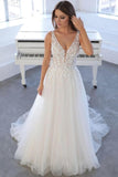 Simple V-Neck Sleeveless A-Line Tulle Wedding Dresses Bridal Gowns