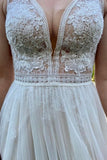 Simple V-Neck Sleeveless Column Tulle Floor-Length Wedding Dresses with Lace-misshow.com