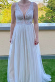 Simple V-Neck Sleeveless Column Tulle Floor-Length Wedding Dresses with Lace-misshow.com