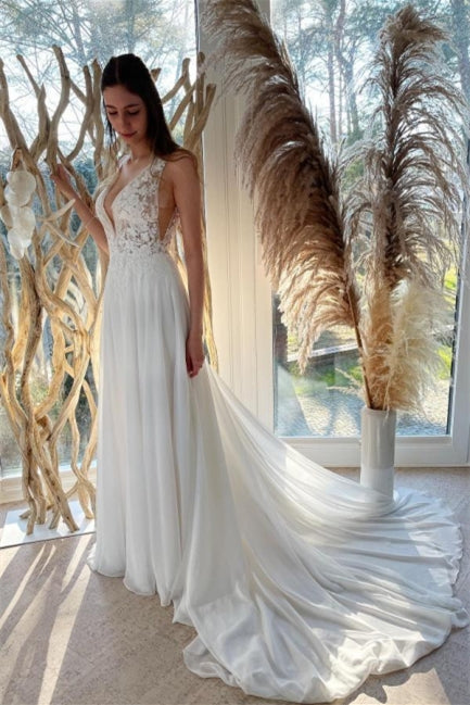Simple White Chiffon Backless A-Line Wedding Dresses With Lace-misshow.com