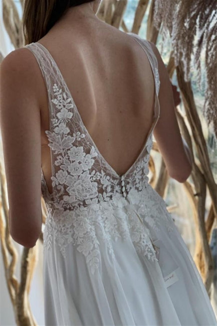 Simple White Chiffon Backless A-Line Wedding Dresses With Lace-misshow.com