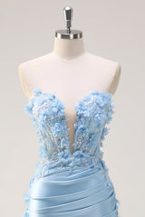 Sky Blue Mermaid Sweetheart Satin Long Corset Prom Dress with Appliques