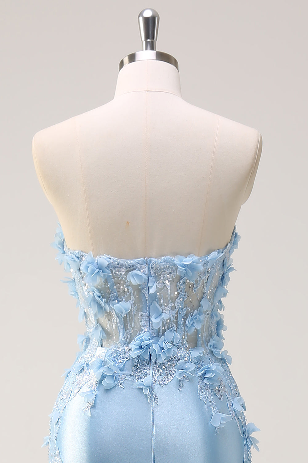 Sky Blue Mermaid Sweetheart Satin Long Corset Prom Dress with Appliques