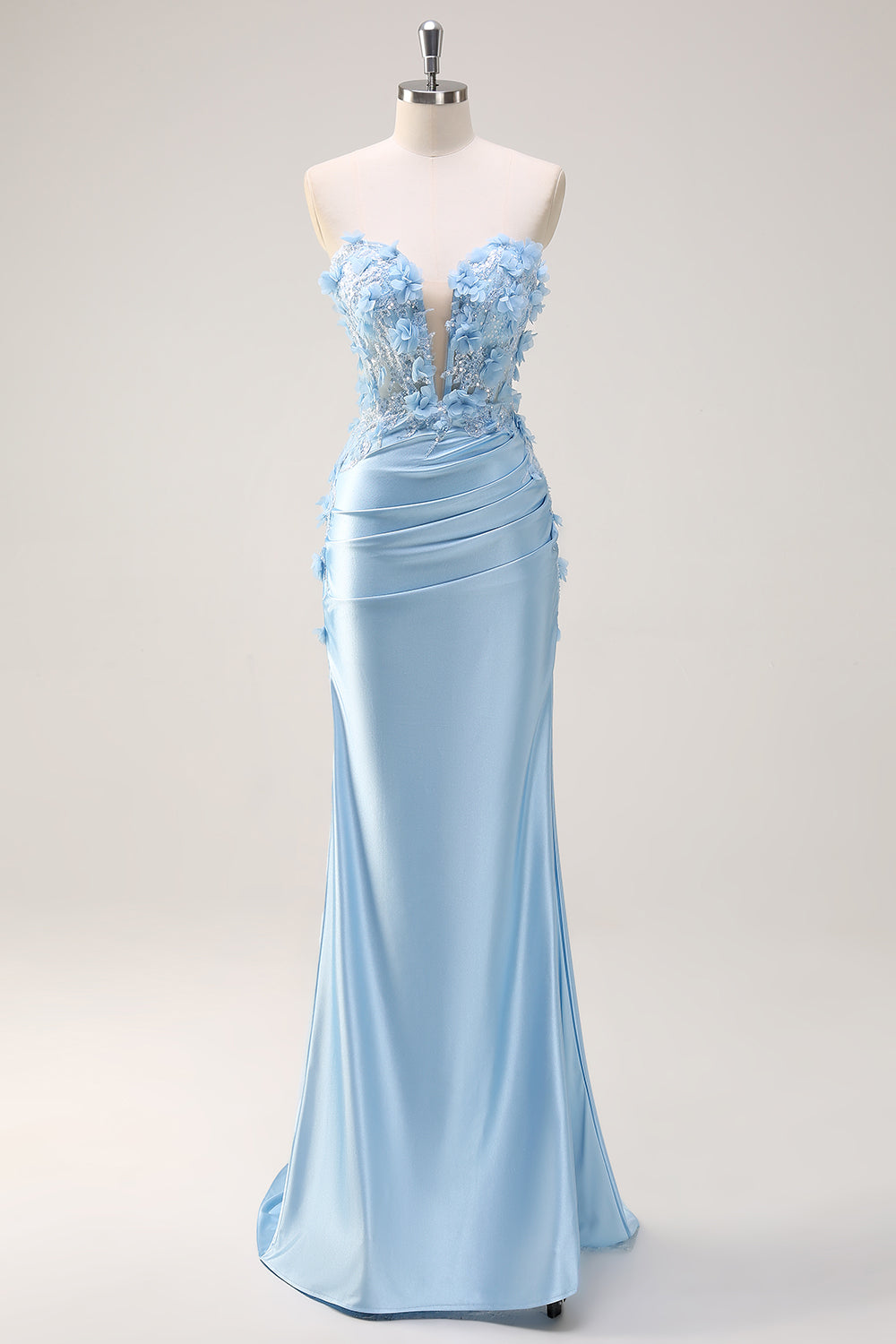 Sky Blue Mermaid Sweetheart Satin Long Corset Prom Dress with Appliques