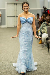 Sky Blue Strapless Mermaid Long Corset Prom Dress with Appliques