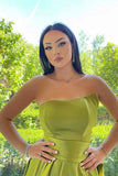 Sleek Green Sleeveless Ruffles Front-Split A-line Prom Dresses-misshow.com