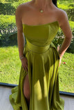 Sleek Green Sleeveless Ruffles Front-Split A-line Prom Dresses-misshow.com