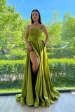 Sleek Green Sleeveless Ruffles Front-Split A-line Prom Dresses
