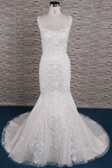Sleek Square Neck Appliques Pretty Mermaid Elegant Wedding Dresses