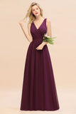 Sleeveless A-line Chiffon Bridesmaid Dress Floor-Length V-Neck Party Gown-misshow.com