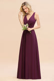 Sleeveless A-line Chiffon Bridesmaid Dress Floor-Length V-Neck Party Gown-misshow.com