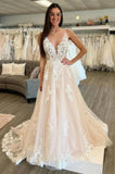 Sleeveless A-Line Floor Length Spaghetti Straps Wedding Dress-misshow.com