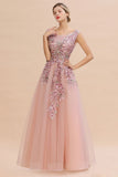 Sleeveless Aline Dusty Pink Long Evening Dress Tulle Lace Appliques Party Dress