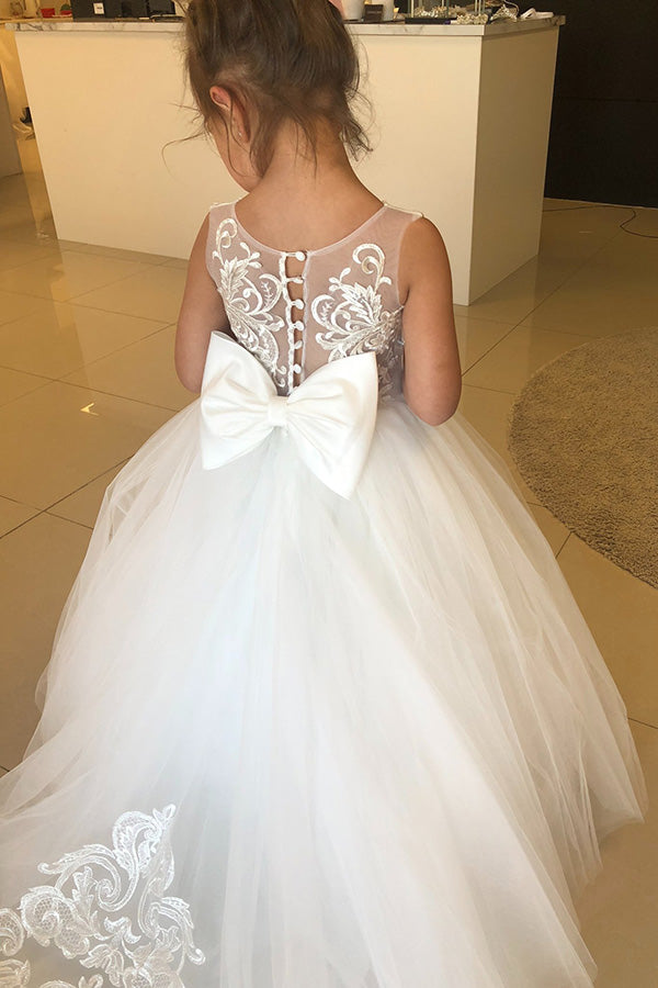 Sleeveless Appliques Flower Girls Dresses In Bow-misshow.com
