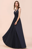 Sleeveless Black A-line Evening Maxi Dress Chiffon Bridesmaid Dress Formal Dress-misshow.com