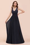 Sleeveless Black A-line Evening Maxi Dress Chiffon Bridesmaid Dress Formal Dress-misshow.com