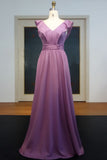 Sleeveless Floor Length A-line V-neck Ruffled Chiffon Prom Dresses