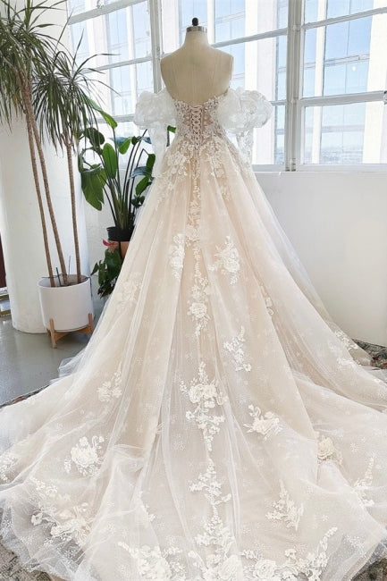 Sleeveless Floor Length Garden Strapless Tulle Lace Wedding Dress with Appliques-misshow.com