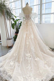 Sleeveless Floor Length Garden Strapless Tulle Lace Wedding Dress with Appliques-misshow.com