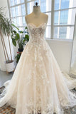 Sleeveless Floor Length Garden Strapless Tulle Lace Wedding Dress with Appliques-misshow.com