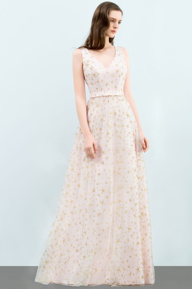 Looking for Prom Dresses in Tulle, A-line style, and Gorgeous Appliques work  MISSHOW has all covered on this elegant Sleeveless Long A-line V-neck Appliqued Tulle Prom Dresses.