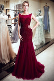 Sleeveless Long Sequined Tulle Burgundy Evening Gown
