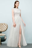 Sleeveless Long Split A-line Appliqued Tulle Prom Dresses