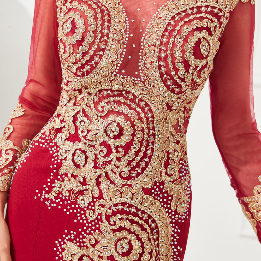 MISSHOW offers Slim Long Sleeves Gold Appliques Mermaid Evening Gowns Floor Length Event Party Dress at a good price from Burgundy,Tulle,Lace to Mermaid Floor-length them. Stunning yet affordable Long Sleeves Prom Dresses,Evening Dresses,Homecoming Dresses,Quinceanera dresses.