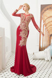 Slim Long Sleeves Gold Appliques Mermaid Evening Gowns Floor Length Event Party Dress