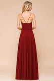 Spaghetti Chiffon Bridesmaid Dress Backless Burgundy Floor-Length Beach Wedding Dress-misshow.com