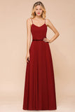 Spaghetti Chiffon Bridesmaid Dress Backless Burgundy Floor-Length Beach Wedding Dress-misshow.com