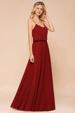 Spaghetti Chiffon Bridesmaid Dress Backless Burgundy Floor-Length Beach Wedding Dress-misshow.com