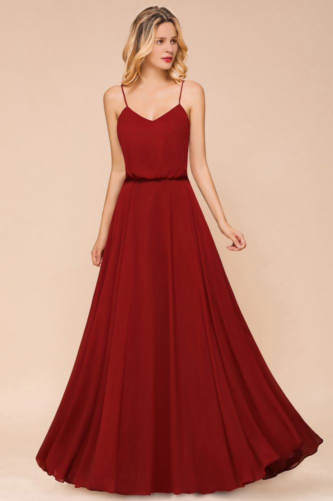 Spaghetti Chiffon Bridesmaid Dress Backless Burgundy Floor-Length Beach Wedding Dress-misshow.com