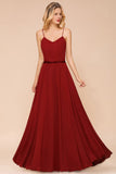 Spaghetti Chiffon Bridesmaid Dress Backless Burgundy Floor-Length Beach Wedding Dress-misshow.com