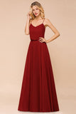 Spaghetti Chiffon Bridesmaid Dress Backless Burgundy Floor-Length Beach Wedding Dress-misshow.com