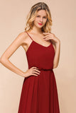 Spaghetti Chiffon Bridesmaid Dress Backless Burgundy Floor-Length Beach Wedding Dress-misshow.com