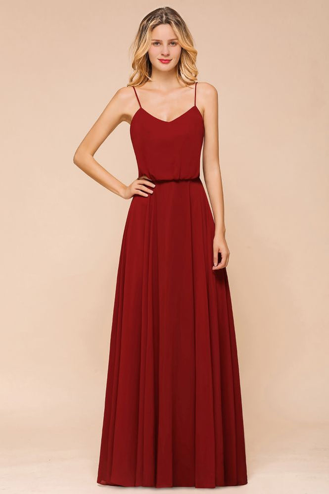 Spaghetti Chiffon Bridesmaid Dress Backless Burgundy Floor-Length Beach Wedding Dress | MISSHOW Spaghetti Chiffon Bridesmaid Dress Backless Burgundy Floor-Length Beach Wedding Dress | MISSHOW