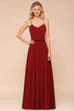 Spaghetti Chiffon Bridesmaid Dress Backless Burgundy Floor-Length Beach Wedding Dress-misshow.com