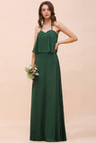 Spaghetti Chiffon Bridesmaid Dress Dark Green Maid of Honor Dress Floor Length-misshow.com