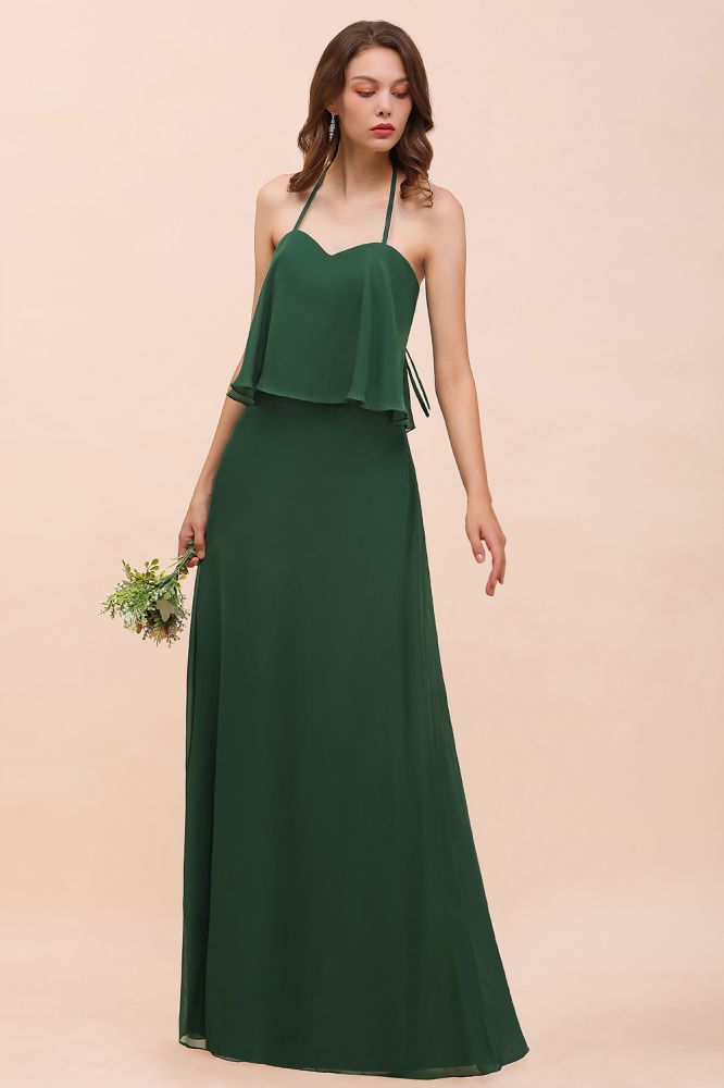 Spaghetti Chiffon Bridesmaid Dress Dark Green Maid of Honor Dress Floor Length-misshow.com