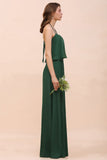 Spaghetti Chiffon Bridesmaid Dress Dark Green Maid of Honor Dress Floor Length-misshow.com