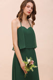 Spaghetti Chiffon Bridesmaid Dress Dark Green Maid of Honor Dress Floor Length-misshow.com