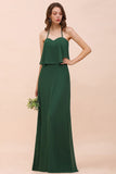 Spaghetti Chiffon Bridesmaid Dress Dark Green Maid of Honor Dress Floor Length-misshow.com