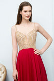 Looking for Prom Dresses in 30D Chiffon, A-line style, and Gorgeous Beading work  MISSHOW has all covered on this elegant Spaghetti Floor Length A-line Beading Burgundy Prom Dresses.