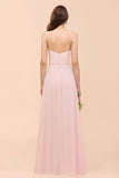 Spaghetti Side Split Pink Bridesmaid Dress Beach Simple Wedding Dress-misshow.com