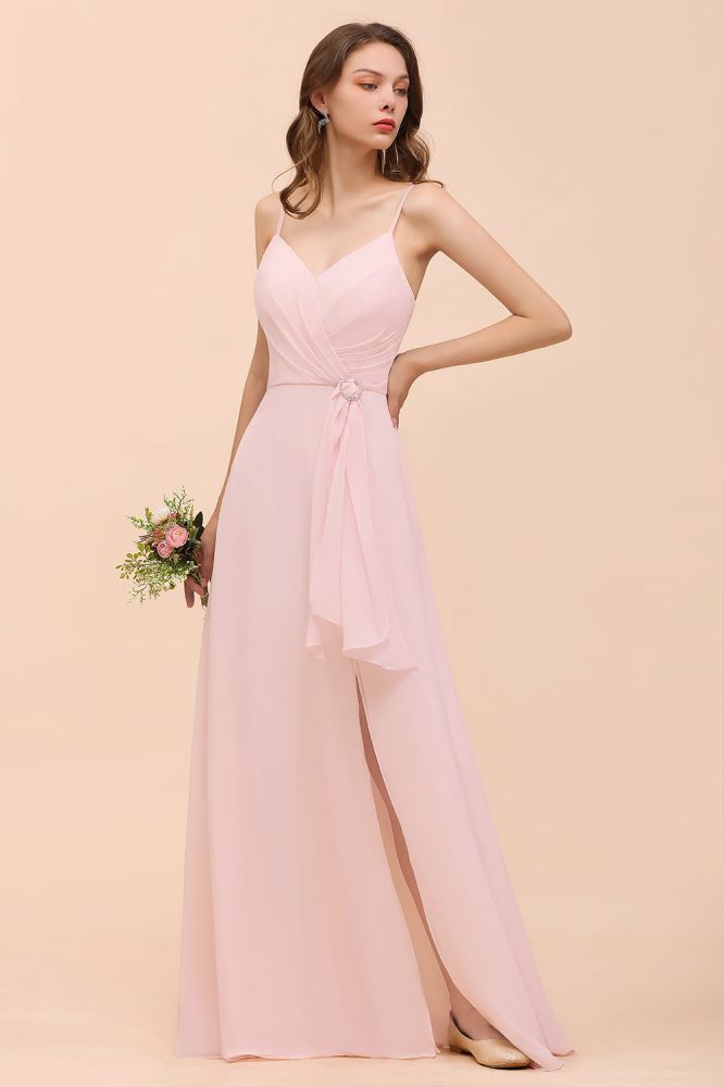 Spaghetti Side Split Pink Bridesmaid Dress Beach Simple Wedding Dress | MISSHOW Spaghetti Side Split Pink Bridesmaid Dress Beach Simple Wedding Dress | MISSHOW